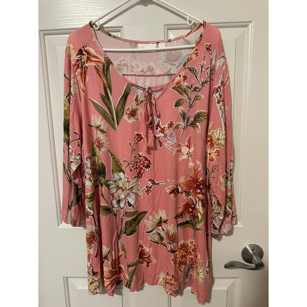 Belle by Kim Gravel Top Womens 2X Pink Floral Tunic Tassel Tie 3/4 Sleeve Jersey